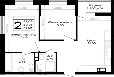 Планировка 2-к.кв