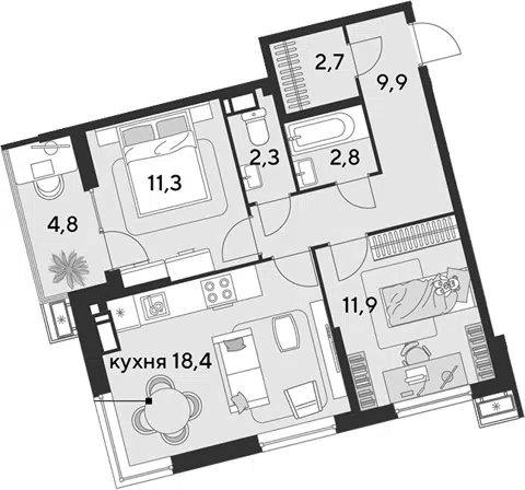 Планировка 3Е-к.кв
