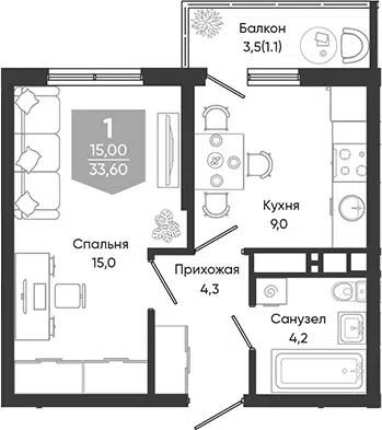 Планировка 1-к.кв