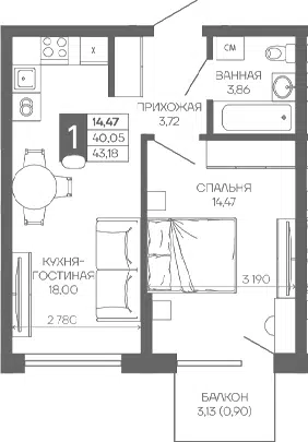 Планировка 1-к.кв