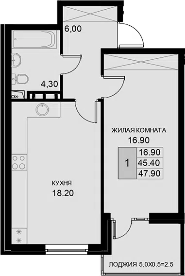 Планировка 1-к.кв