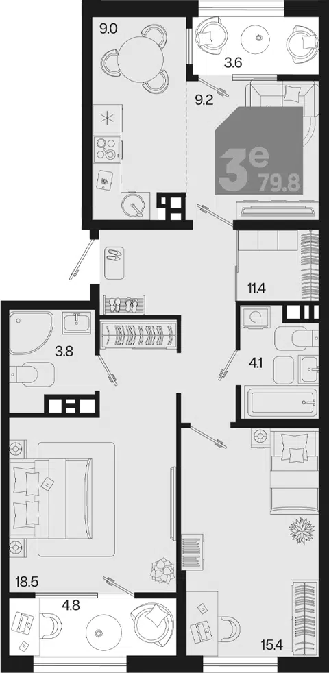 Планировка 3Е-к.кв