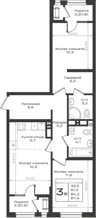 Планировка 3Е-к.кв
