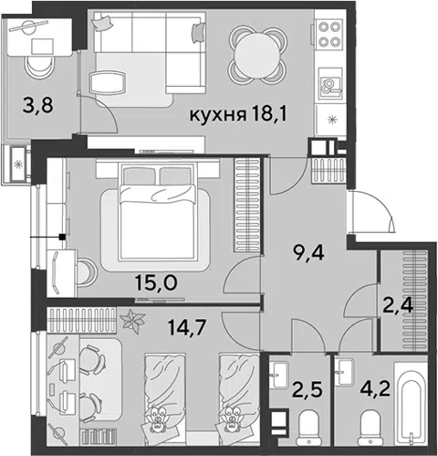 Планировка 3Е-к.кв