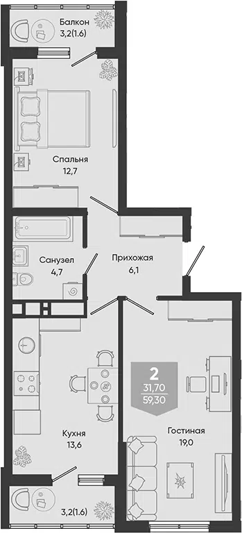 Планировка 2-к.кв