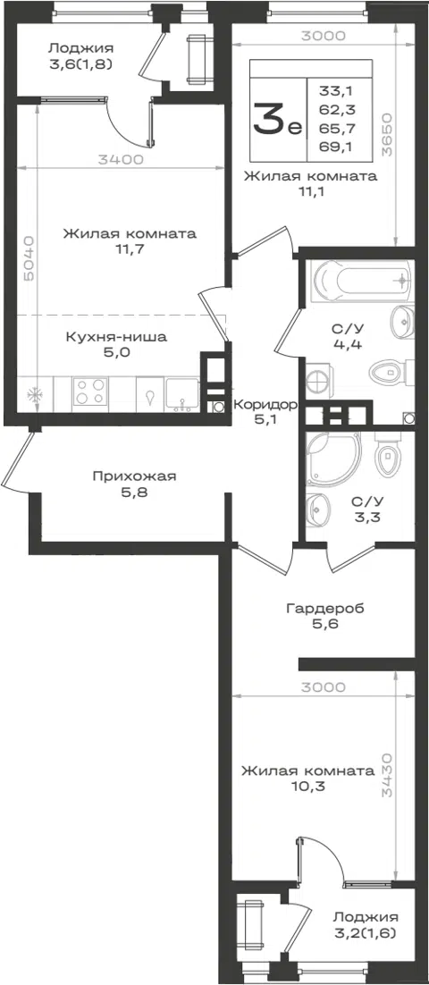 Планировка 3Е-к.кв
