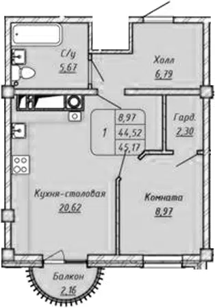 Планировка 1-к.кв