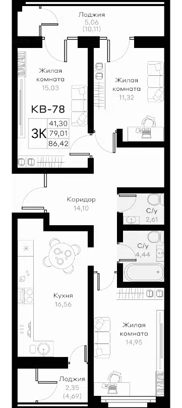 Планировка 3-к.кв