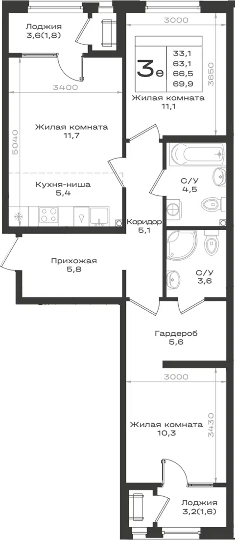 Планировка 3Е-к.кв