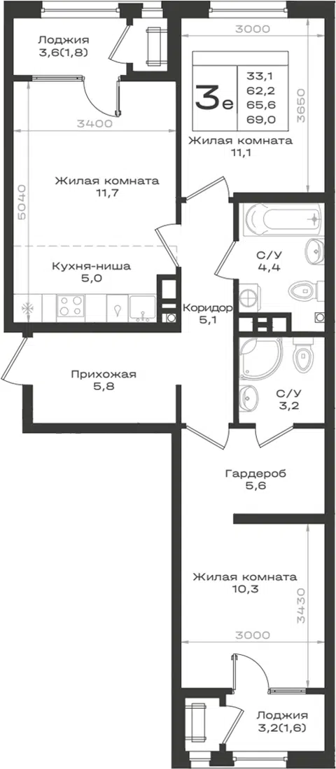 Планировка 3Е-к.кв