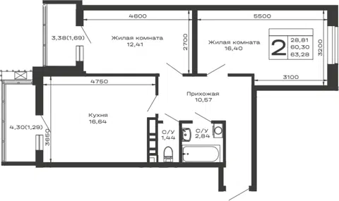 Планировка 2-к.кв