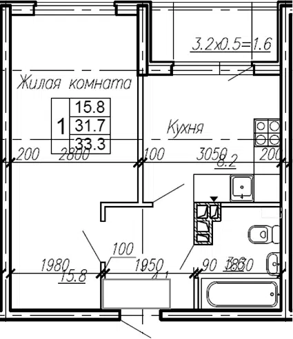 Планировка 1-к.кв