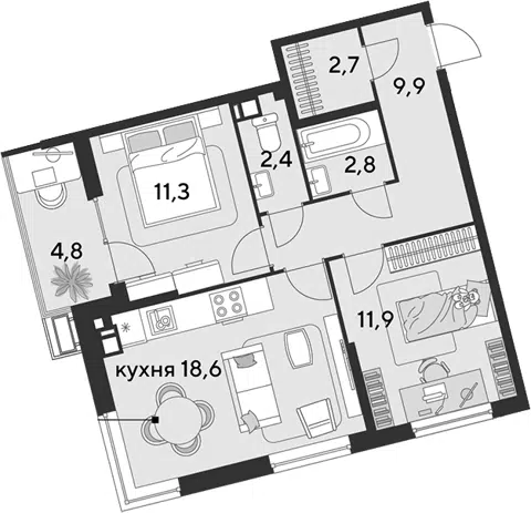Планировка 3Е-к.кв