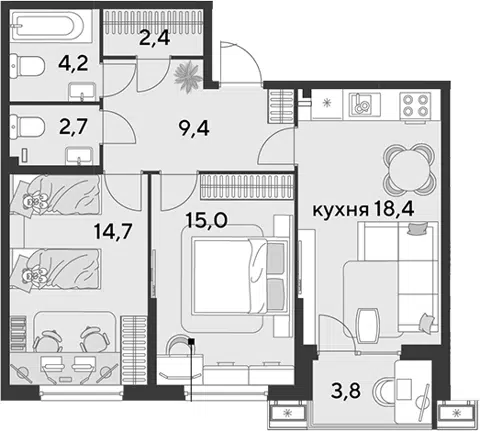 Планировка 3Е-к.кв