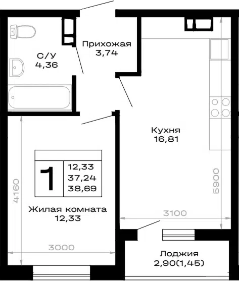 Планировка 1-к.кв