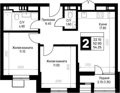 Планировка 2-к.кв