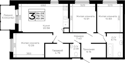 Планировка 3-к.кв