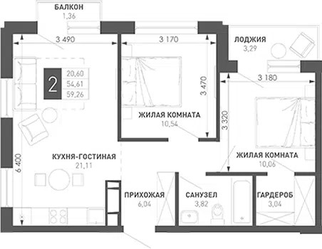 Планировка 2-к.кв
