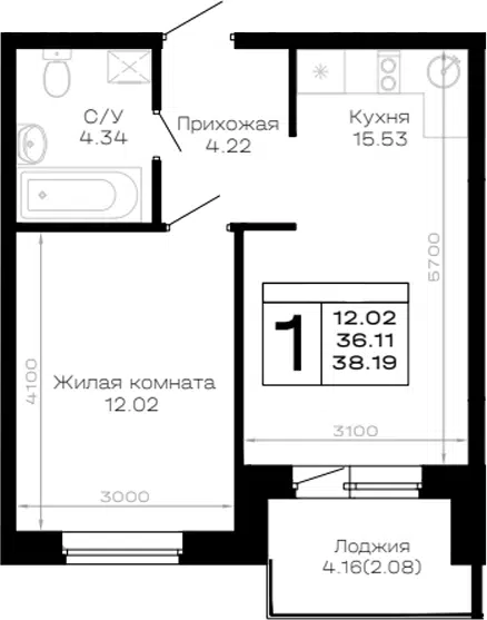 Планировка 1-к.кв