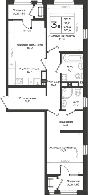 Планировка 3Е-к.кв