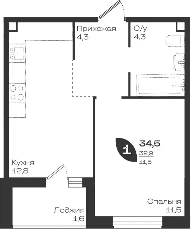 Планировка 1-к.кв