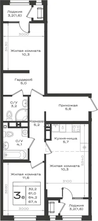 Планировка 3Е-к.кв