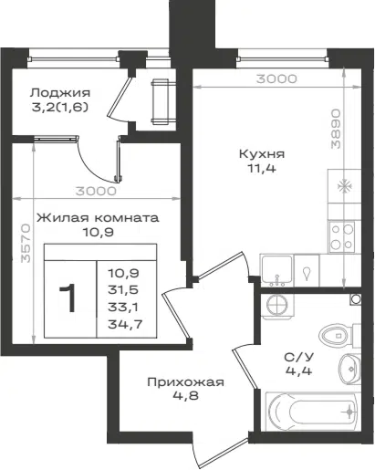 Планировка 1-к.кв