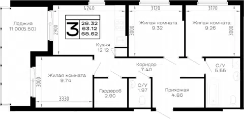 Планировка 3-к.кв