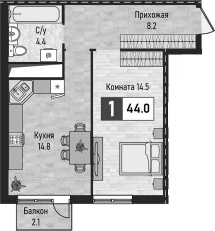 Планировка 1-к.кв