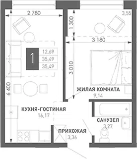 Планировка 1-к.кв