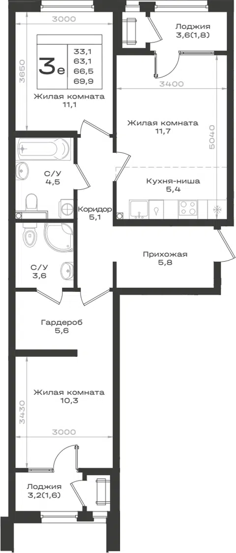 Планировка 3Е-к.кв