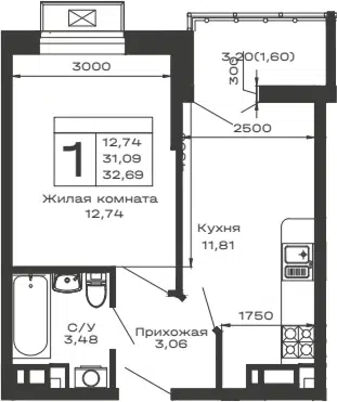 Планировка 1-к.кв