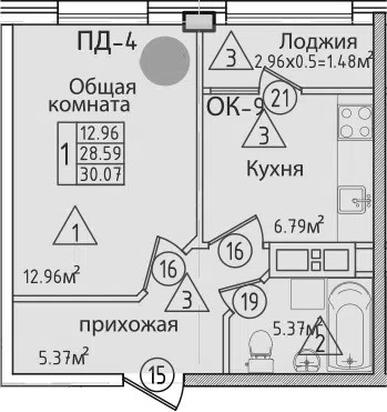 Планировка 1-к.кв