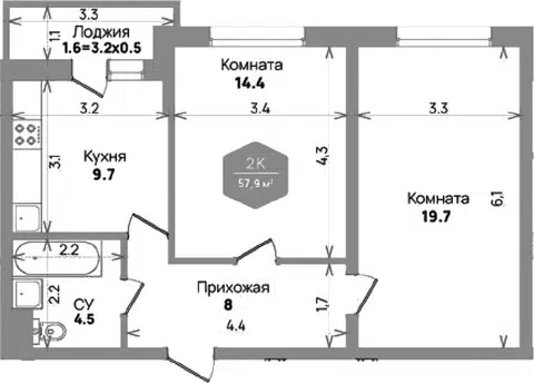 Планировка: 2-к.кв