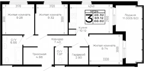 Планировка 3-к.кв