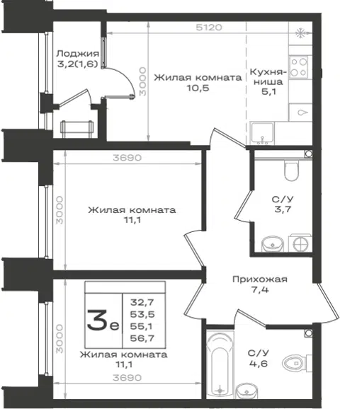 Планировка 3Е-к.кв