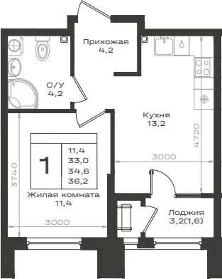 Планировка 1-к.кв