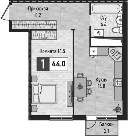 Планировка 1-к.кв
