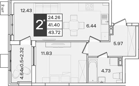 Планировка 2Е-к.кв
