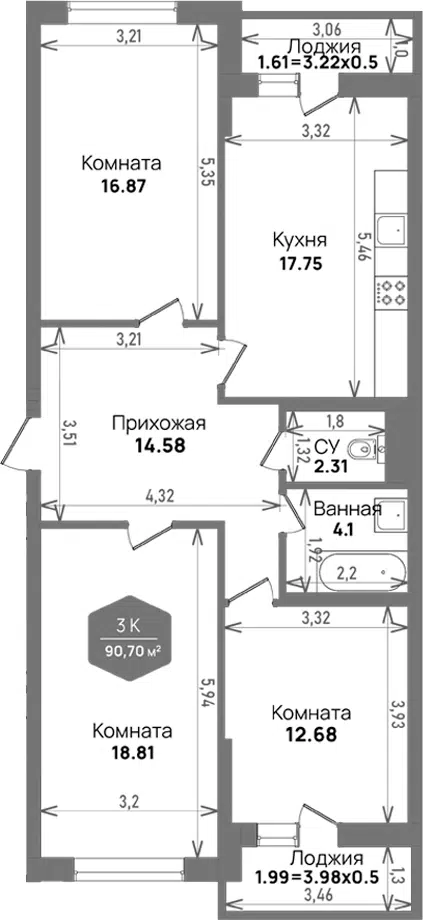 Планировка 3-к.кв
