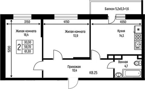 Планировка 2-к.кв