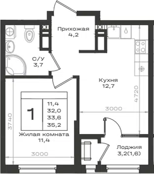 Планировка 1-к.кв