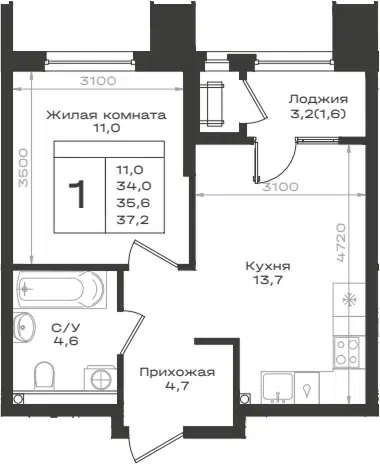 Планировка 1-к.кв