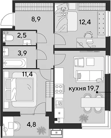 Планировка 3Е-к.кв