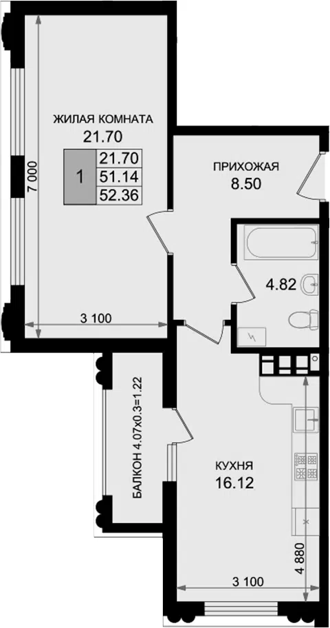 Планировка 1-к.кв