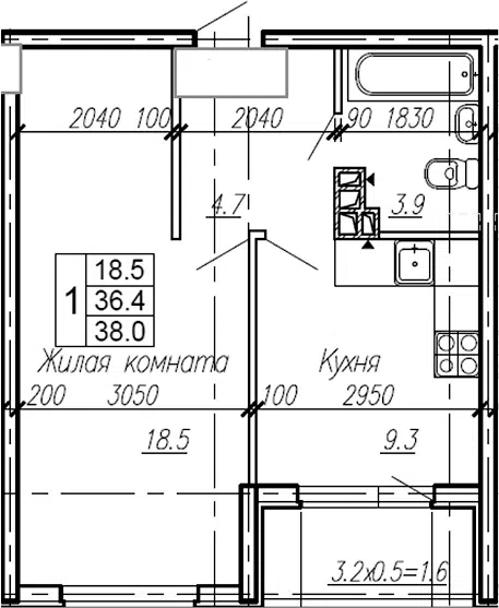 Планировка 1-к.кв
