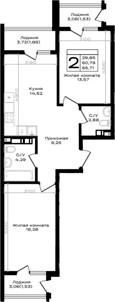 Планировка 2-к.кв