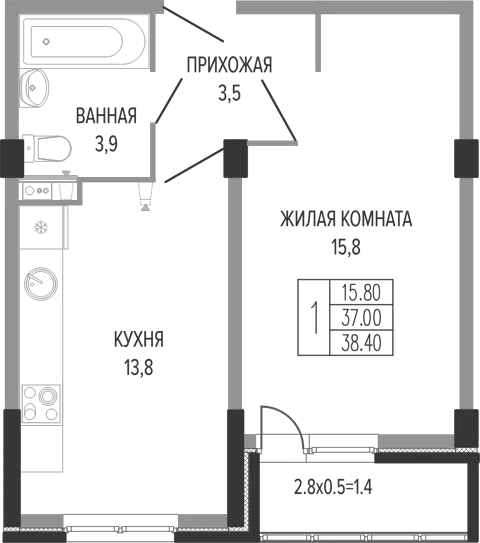 Планировка 1-к.кв