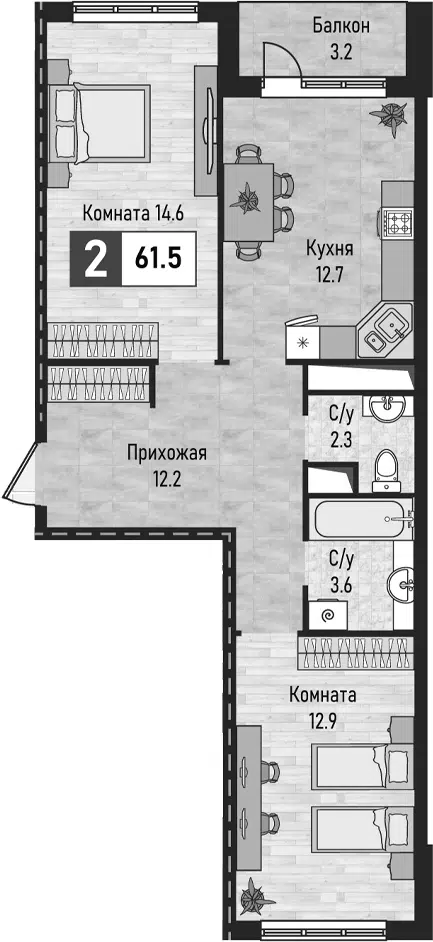 Планировка 2-к.кв