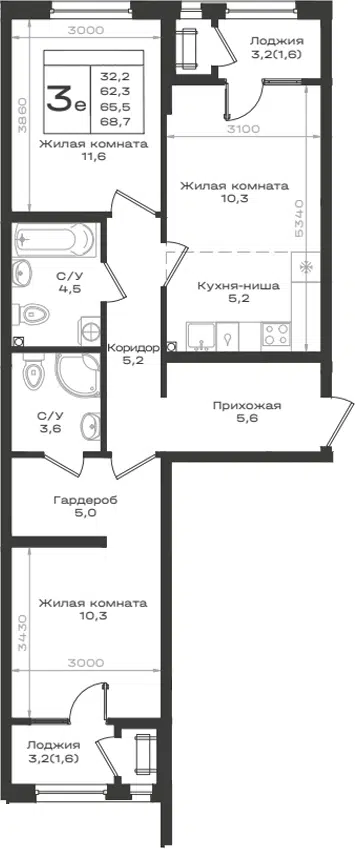 Планировка 3Е-к.кв